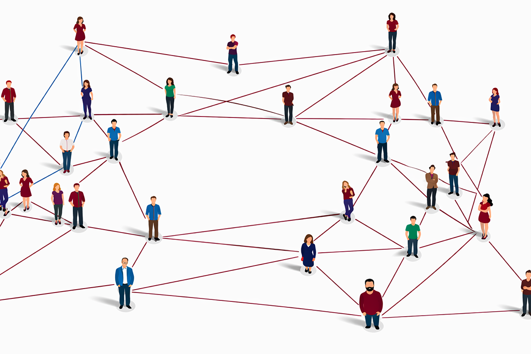 Illustration eines Netzwerks aus verschiedenen Personen, die über Linien miteinander verbunden sind und den Austausch sowie die Vernetzung innerhalb einer Community darstellen.
