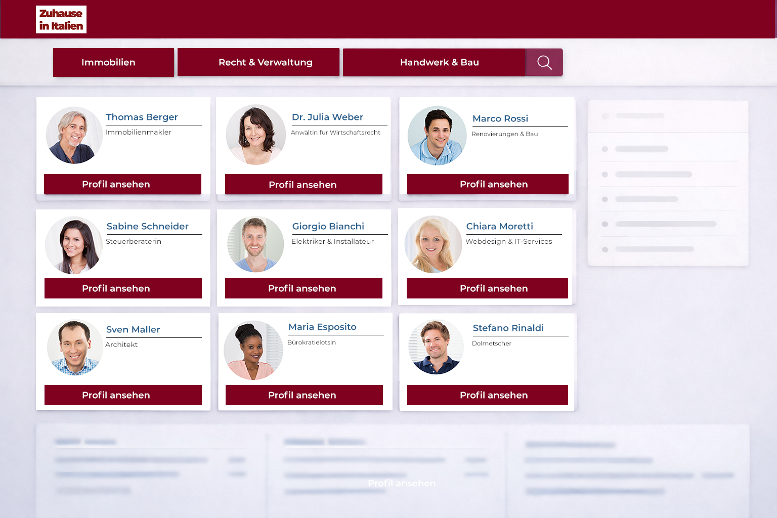 Übersichtsseite der Plattform „Zuhause in Italien“ mit Expertenprofilen aus den Bereichen Immobilien, Recht & Verwaltung sowie Handwerk & Bau, jeweils mit Foto, Name, Tätigkeit und Schaltfläche „Profil ansehen“.