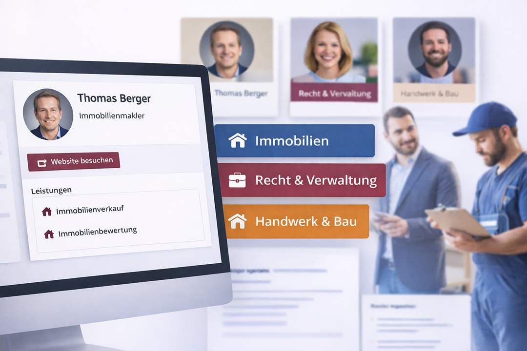 Detailansicht eines digitalen Expertenprofils auf der Plattform „Zuhause in Italien“ mit Name, Beruf, Leistungen und Schaltfläche „Website besuchen“, ergänzt durch Kategorien wie Immobilien, Recht & Verwaltung sowie Handwerk & Bau.