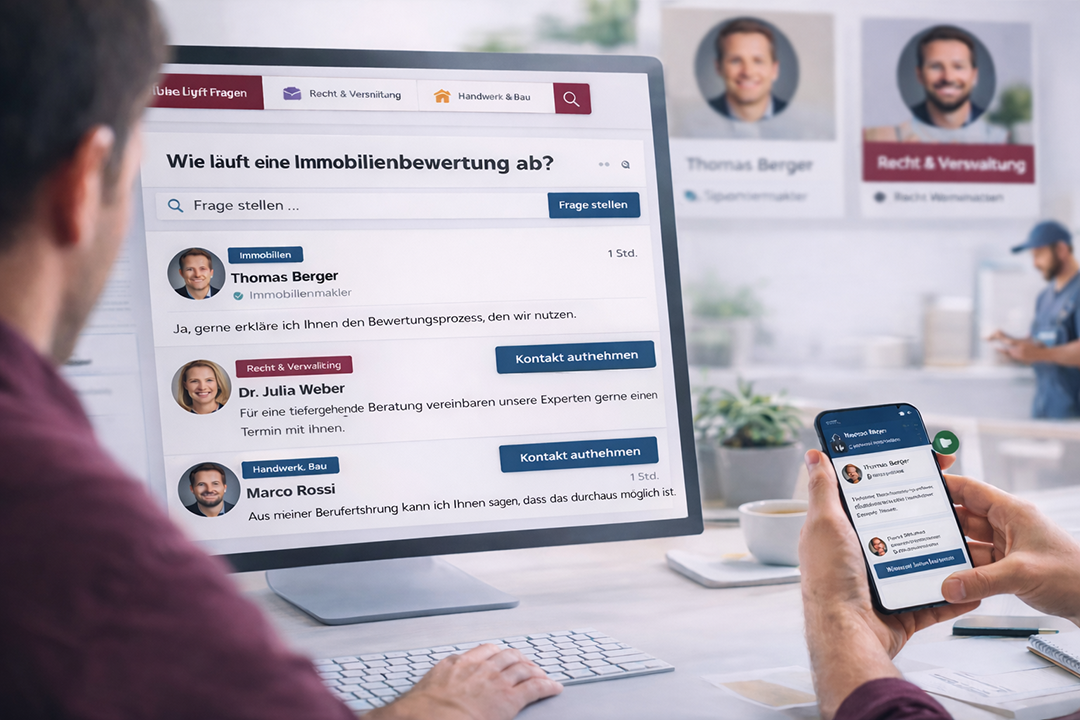Nutzer stellt auf der Plattform „Zuhause in Italien“ eine Frage zur Immobilienbewertung und erhält Antworten von geprüften Experten aus den Bereichen Immobilien, Recht & Verwaltung sowie Handwerk & Bau – dargestellt auf Desktop und Smartphone.