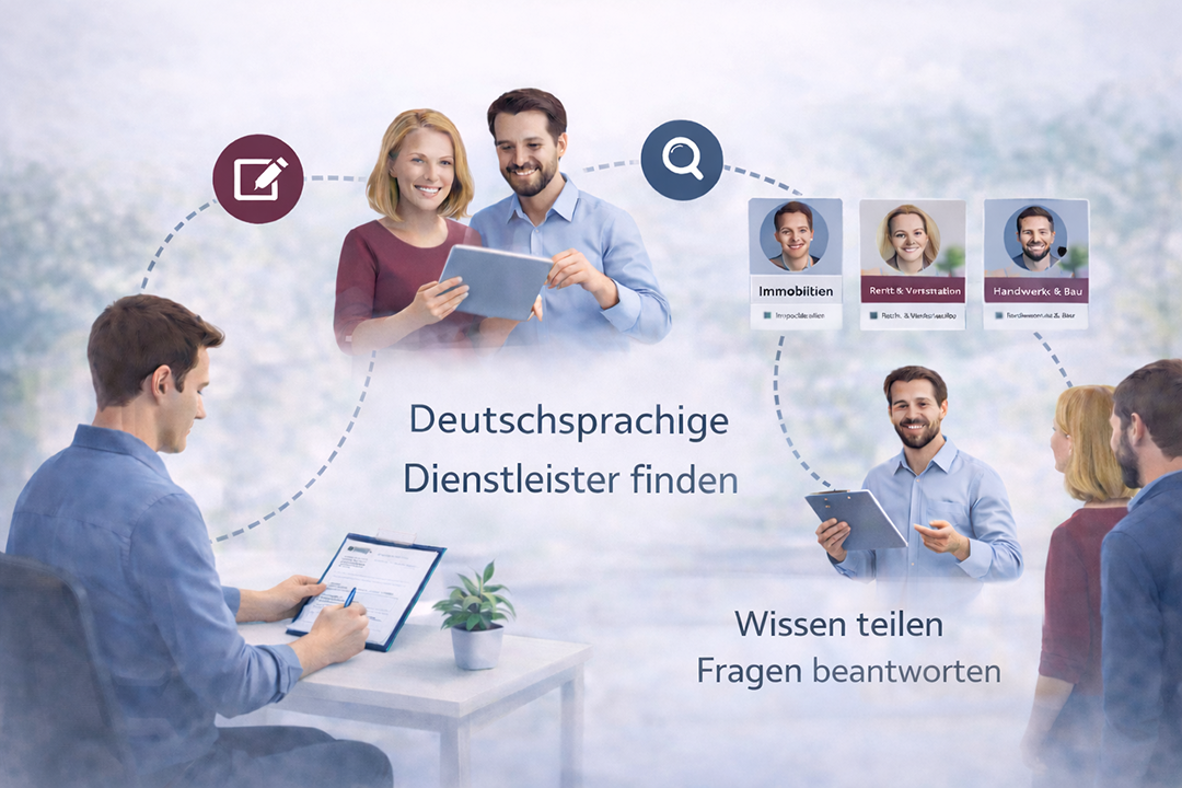 Illustration einer Plattform, auf der deutschsprachige Dienstleister thematisch gefunden werden können und Menschen ihr Wissen teilen sowie Fragen beantworten; dargestellt durch vernetzte Personen, Kategorien und Gesprächssituationen.