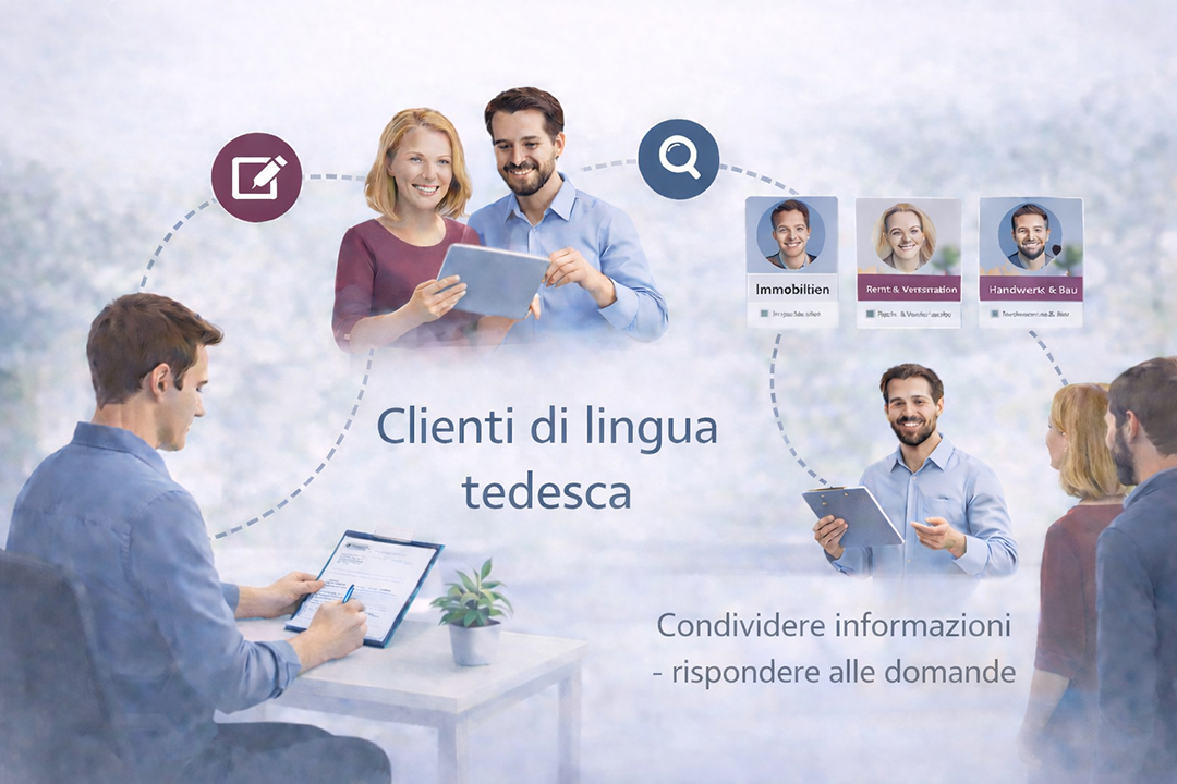 Illustration einer Plattform, auf der deutschsprachige Dienstleister thematisch gefunden werden können und Menschen ihr Wissen teilen sowie Fragen beantworten; dargestellt durch vernetzte Personen, Kategorien und Gesprächssituationen.